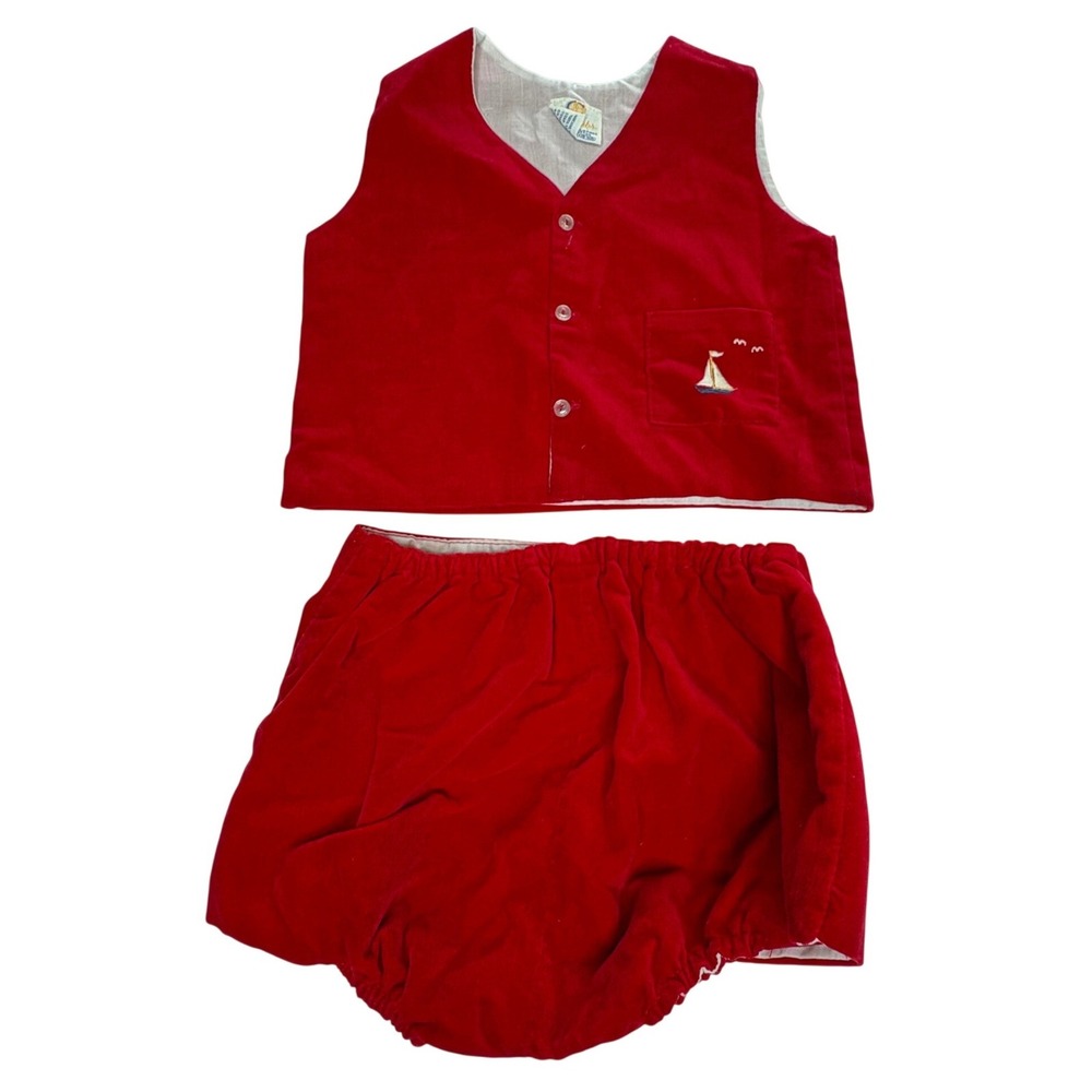 Vtg Cherubs Red Velvet Baby Set 18M Vest Bloomers Sailboat Phil. 60/70s Heirloom